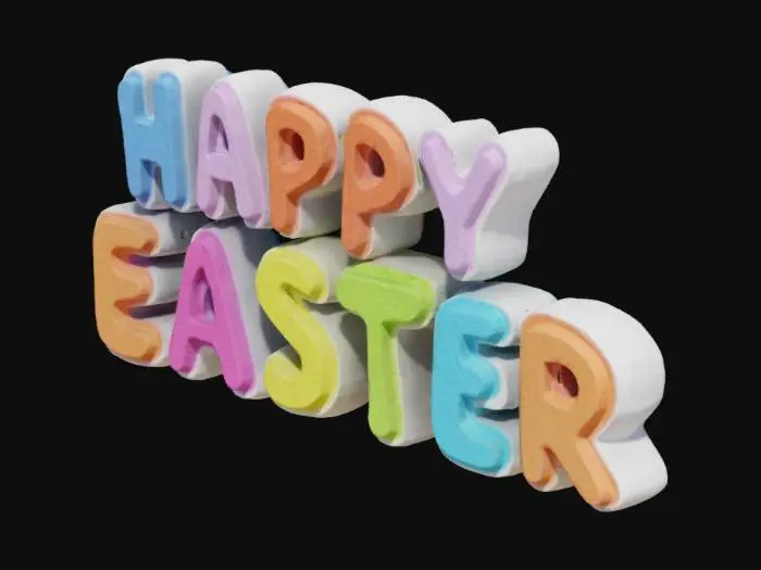 3D model for A colorful 3D sign that says "HAPPY EASTER" in bold, rounded letters. Each letter has a different bright color, with a soft white outline and decorated with small white polka dots, giving a cheerful Easter-themed appearance. The letters should have a slightly puffy, playful cartoon style with a glossy finish. Arrange the words in two lines: "HAPPY" on the top and "EASTER" below. Add a soft drop shadow or glow to make the letters pop, and ensure the overall look is festive and joyful.