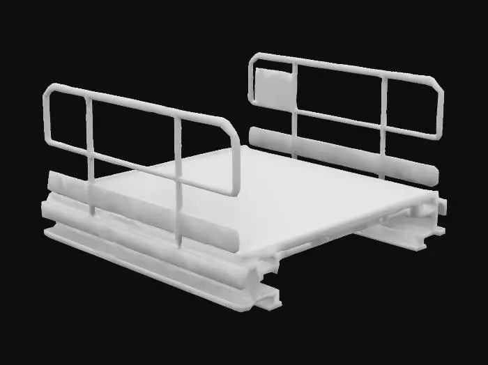 3D model for Create a rectangular industrial-style lift platform designed for a rugged, functional environment. The platform should be flat and sturdy, with visible rivets and reinforced metal plates for added detail. Add safety railings made of thick metal bars on three sides of the platform, leaving one side completely open for access. The design should feel heavy-duty and practical, suitable for an industrial setting.