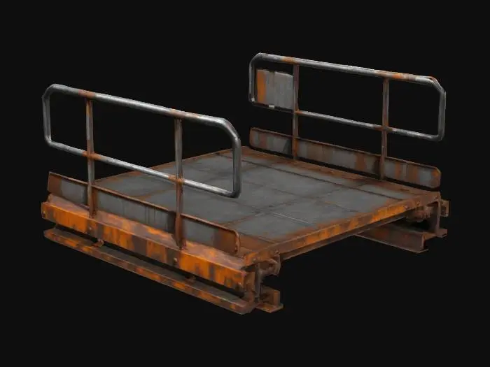 3D model for Create a rectangular industrial-style lift platform designed for a rugged, functional environment. The platform should be flat and sturdy, with visible rivets and reinforced metal plates for added detail. Add safety railings made of thick metal bars on three sides of the platform, leaving one side completely open for access. The design should feel heavy-duty and practical, suitable for an industrial setting.