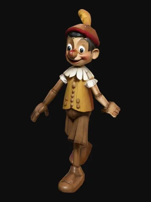 3D model for Pinocchio. The character should have wooden features with jointed limbs and a puppet-like appearance. Ensure the rig includes fully articulated limbs, a flexible spine, and detailed facial expressions. The character should have a charming and whimsical look, with elements like a carved wooden texture, a playful outfit, and a nose that can convey emotions. Highlight the unique wooden texture and jointed design to capture the essence of a classic wooden puppet. The character should be in T-pose
