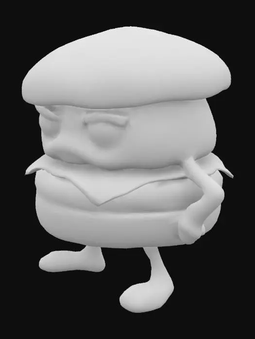 3D model for Create a 3D model of a moody, anthropomorphic hamburger character. Standing 2-3 feet tall with three layers: dark golden-brown bottom bun, rich brown meat patty, and lighter top bun with sesame seeds. Large oval eyes - left squinted, right open - with an asymmetrical smirk. Thin, angled eyebrows show attitude. Noodly arms, stubby bow-legged legs. Color palette: golden brown, rich brown, metallic pink highlights. Posture suggests teenage rebellion and constant mild annoyance.