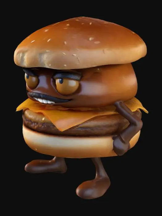 3D model for Create a 3D model of a moody, anthropomorphic hamburger character. Standing 2-3 feet tall with three layers: dark golden-brown bottom bun, rich brown meat patty, and lighter top bun with sesame seeds. Large oval eyes - left squinted, right open - with an asymmetrical smirk. Thin, angled eyebrows show attitude. Noodly arms, stubby bow-legged legs. Color palette: golden brown, rich brown, metallic pink highlights. Posture suggests teenage rebellion and constant mild annoyance.