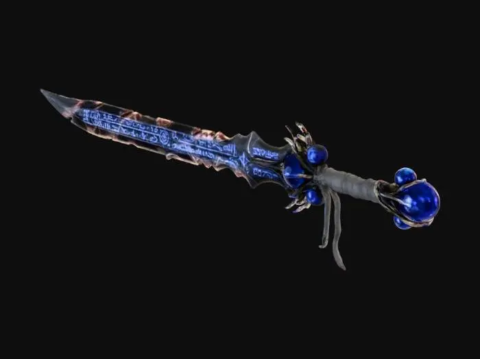 3D model for acid burns and etched arcane lettering mark both sides of this black iron forged blade, with a hilt and pommel designed in the the theme of dark crystal sphere's of power.  34 inch blade and 11 inch handle/pommel - arcane etched blade of power - appearing kissed by acid.