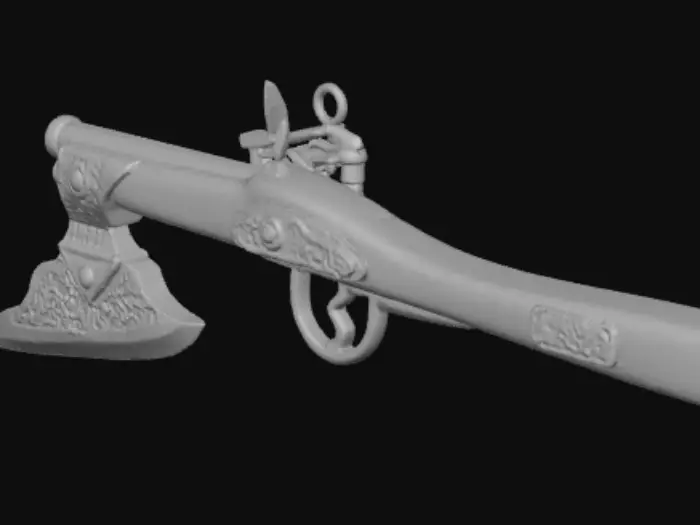 3D model for dwarven hand hammered steel and hand crafted wood make up the heft of this axe/shotgun combo for slashing and shooting in dwarven style. fantasy blunderbuss, old fashioned, high care in manufacture - Blunderbuss/Axe combo weapon