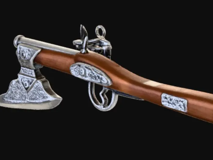 3D model for dwarven hand hammered steel and hand crafted wood make up the heft of this axe/shotgun combo for slashing and shooting in dwarven style. fantasy blunderbuss, old fashioned, high care in manufacture - Blunderbuss/Axe combo weapon