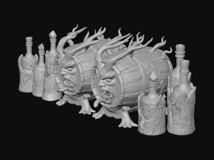 3D model for A fantasy bar setting with two freak wooden beer kegs on the bar top next to several glass bottles in wood and polished stone style