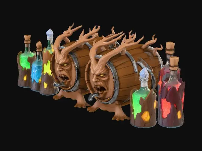 3D model for A fantasy bar setting with two freak wooden beer kegs on the bar top next to several glass bottles in wood and polished stone style