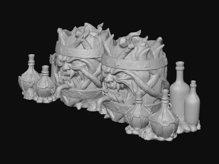 3D model for A fantasy bar setting with two freak wooden beer kegs on the bar top next to several glass bottles in wood and polished stone style