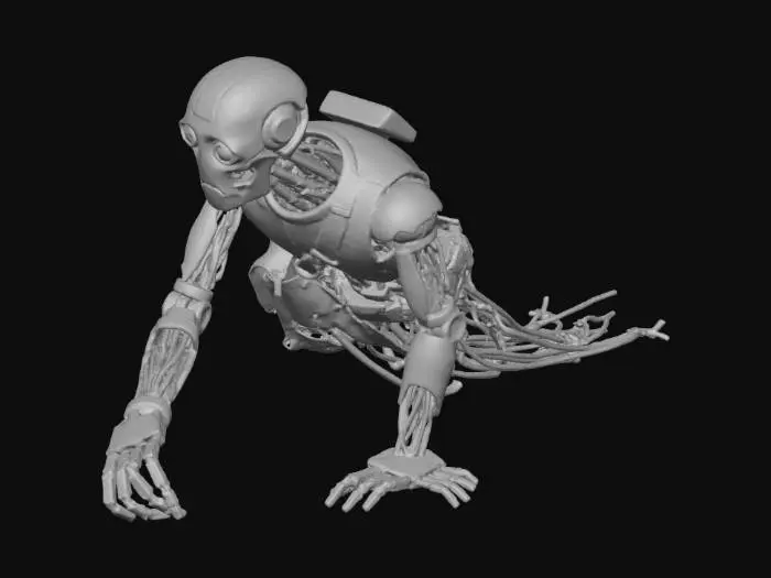 3D model for robotic/android mailman, postapocalyptic damage and ruin, mean the mailman robot climbs on his arms to drag itself along dragging postal delivery bag and a trail of wires as it no longer has legs.