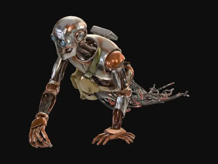 3D model for robotic/android mailman, postapocalyptic damage and ruin, mean the mailman robot climbs on his arms to drag itself along dragging postal delivery bag and a trail of wires as it no longer has legs.