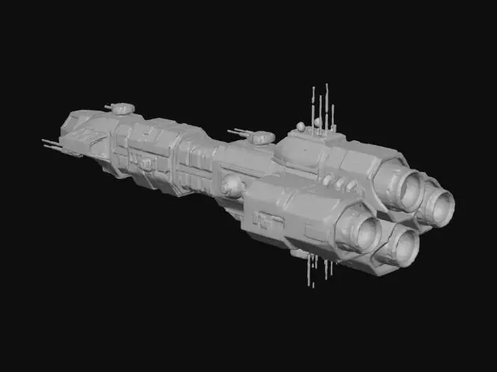 3D model for long hulled 5 engine interstellar warship of human origin, based on similar shapes to the USS Sulaco Design in Aliens movies.