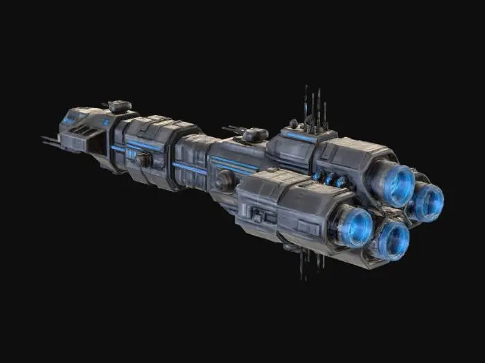 3D model for long hulled 5 engine interstellar warship of human origin, based on similar shapes to the USS Sulaco Design in Aliens movies.