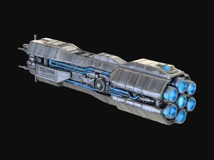 3D model for long hulled 5 engine interstellar warship of human origin, based on similar shapes to the USS Sulaco Design in Aliens movies.