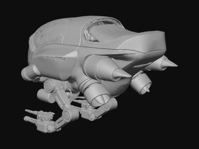 3D model for an organic brain held in technological suspension in a partial robotic shell, flies about with hover engines and a series of mounted cameras, sensors, and guns at hits disposal beneath the flying unit.