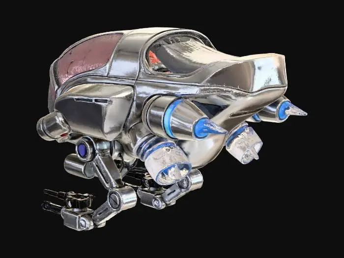 3D model for an organic brain held in technological suspension in a partial robotic shell, flies about with hover engines and a series of mounted cameras, sensors, and guns at hits disposal beneath the flying unit.