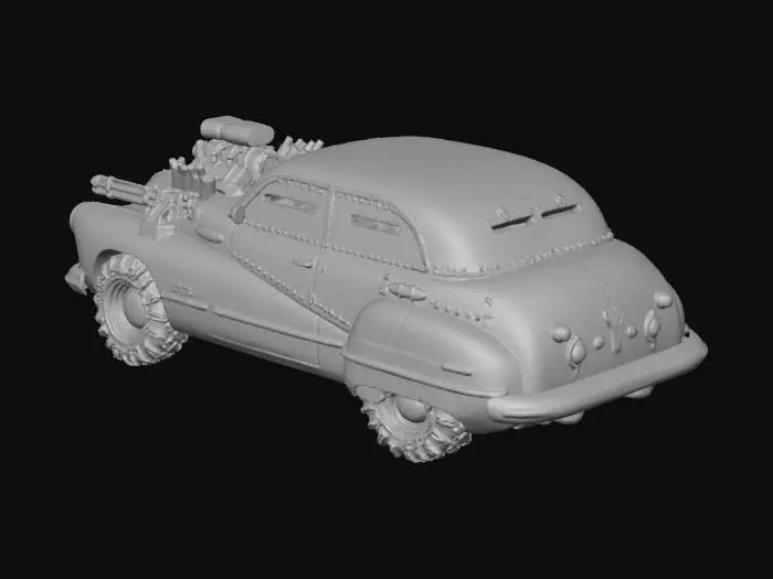 3D model for 1947 roadmaster rebuilt as a postapocalyptic dieselpunk armored war car for the wasteland roads.  
heavy metal plating, heavy duty engine and pipes, and side mounted gatling guns sit over large metal chained tires - everything is dirty covered in dirt dust and black oil dirt.