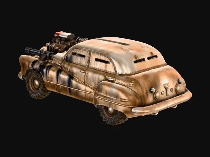 3D model for 1947 roadmaster rebuilt as a postapocalyptic dieselpunk armored war car for the wasteland roads.  
heavy metal plating, heavy duty engine and pipes, and side mounted gatling guns sit over large metal chained tires - everything is dirty covered in dirt dust and black oil dirt.