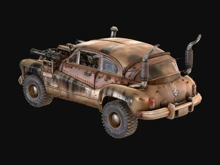 3D model for 1947 roadmaster rebuilt as a postapocalyptic dieselpunk armored war car for the wasteland roads.  
heavy metal plating, heavy duty engine and pipes, and side mounted gatling guns sit over large metal chained tires - everything is dirty covered in dirt dust and black oil dirt.