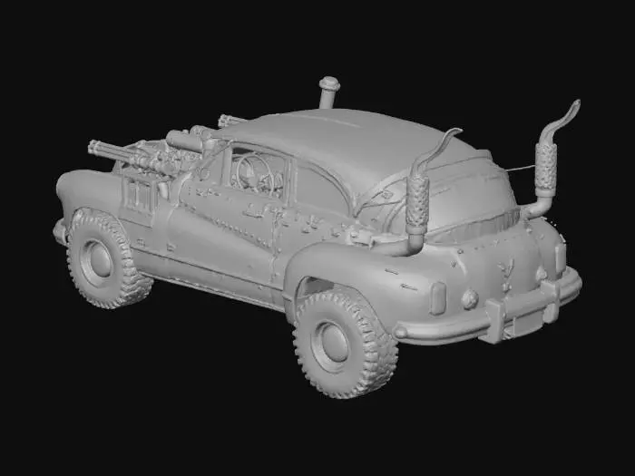3D model for 1947 roadmaster rebuilt as a postapocalyptic dieselpunk armored war car for the wasteland roads.  
heavy metal plating, heavy duty engine and pipes, and side mounted gatling guns sit over large metal chained tires - everything is dirty covered in dirt dust and black oil dirt.