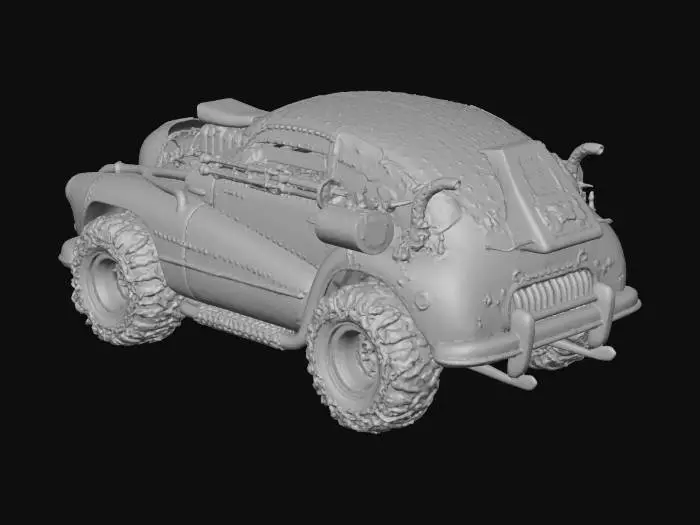3D model for 1947 roadmaster rebuilt as a postapocalyptic dieselpunk armored war car for the wasteland roads.  
heavy metal plating, heavy duty engine and pipes, and side mounted gatling guns sit over large metal chained tires - everything is dirty covered in dirt dust and black oil dirt.