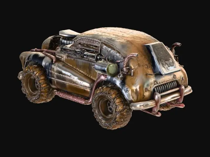 3D model for 1947 roadmaster rebuilt as a postapocalyptic dieselpunk armored war car for the wasteland roads.  
heavy metal plating, heavy duty engine and pipes, and side mounted gatling guns sit over large metal chained tires - everything is dirty covered in dirt dust and black oil dirt.