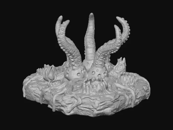 3D model for Create a high-detail 3D printable terrain piece in the style of an eldritch, organic growth bursting from the ground. The model should feature:
	•	irregular organic base covered with stretched, melted, root-like textures and corrupted ground.
	•	No five large tentacles emerging from deep cyst-like openings. Tentacles should be ribbed, curved, muscular, and asymmetrical, with smooth but grotesque surface detail.
	•	Multiple organic pits and orifices, some with tooth-ringed mouths or fleshy protrusions, integrated into the sides of the structure.
	•	A surface texture resembling mutated diseased chitin, with layered organic ridges, cracks
	•	Ensure all details are crisp and printable without thin, unsupported elements.”