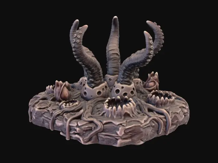 3D model for Create a high-detail 3D printable terrain piece in the style of an eldritch, organic growth bursting from the ground. The model should feature:
	•	irregular organic base covered with stretched, melted, root-like textures and corrupted ground.
	•	No five large tentacles emerging from deep cyst-like openings. Tentacles should be ribbed, curved, muscular, and asymmetrical, with smooth but grotesque surface detail.
	•	Multiple organic pits and orifices, some with tooth-ringed mouths or fleshy protrusions, integrated into the sides of the structure.
	•	A surface texture resembling mutated diseased chitin, with layered organic ridges, cracks
	•	Ensure all details are crisp and printable without thin, unsupported elements.”