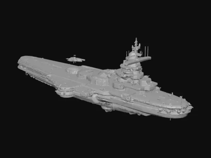 3D model for in the theme of two battleship hulls put together design earths first space defense warship in orbit around the moon with earth in the distance.