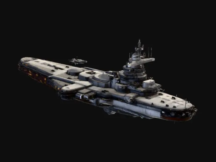 3D model for in the theme of two battleship hulls put together design earths first space defense warship in orbit around the moon with earth in the distance.