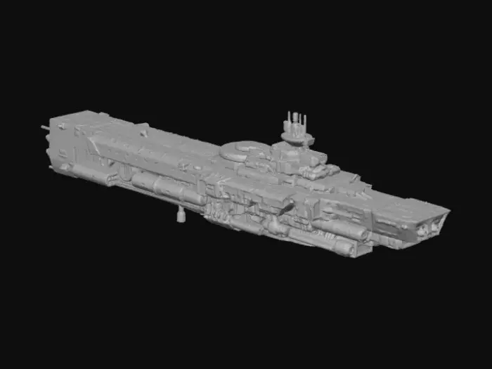 3D model for A massive, kilometers-long human interstellar dreadnought. Its hull is plated with layers of polished, cobalt-steel, industrial platings of rivited armor, reminiscent of 1980s retro sci-fi. Include 7 oversized engine pods at the rear, massive railgun emplacements along the spine and belly of the ship, and smaller fighter launch bays along the under side. Show it from a wide-angle, cinematic perspective, floating in deep space with the stars as background Highly detailed, 8k, Unreal Engine 5."