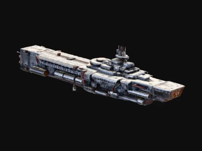 3D model for A massive, kilometers-long human interstellar dreadnought. Its hull is plated with layers of polished, cobalt-steel, industrial platings of rivited armor, reminiscent of 1980s retro sci-fi. Include 7 oversized engine pods at the rear, massive railgun emplacements along the spine and belly of the ship, and smaller fighter launch bays along the under side. Show it from a wide-angle, cinematic perspective, floating in deep space with the stars as background Highly detailed, 8k, Unreal Engine 5."