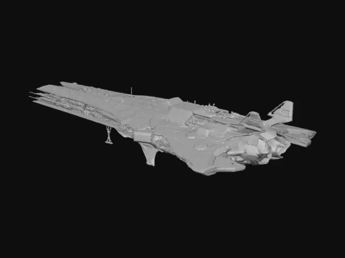 3D model for long and large interstellar starship designs for 3d printing - a scythe hull shape in the rear reaching out straight down below 5 engine pods and a lengthy core body stretching forward leading up to heavy weapons platforms. windows and view ports worked into the length and depth of the ship.