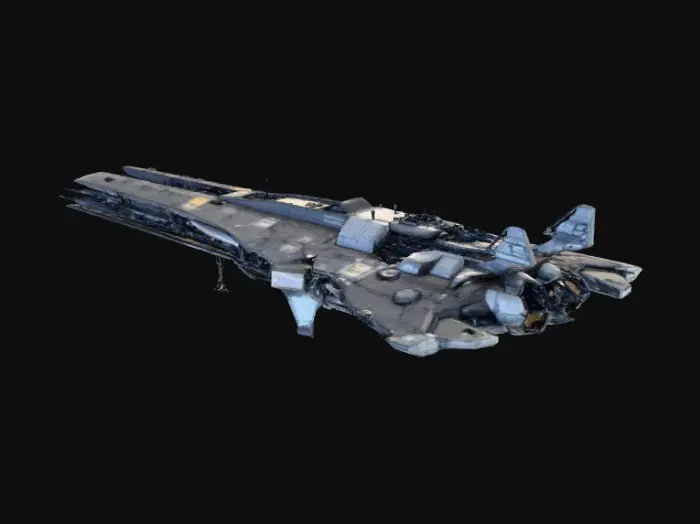 3D model for long and large interstellar starship designs for 3d printing - a scythe hull shape in the rear reaching out straight down below 5 engine pods and a lengthy core body stretching forward leading up to heavy weapons platforms. windows and view ports worked into the length and depth of the ship.