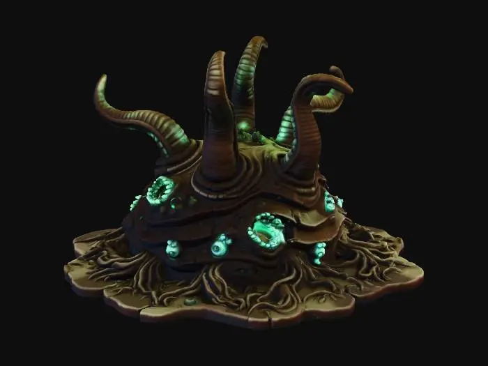 3D model for Create a high-detail 3D printable terrain piece in the style of an eldritch, organic growth bursting from the ground. The model should feature:
• irregular organic base covered with stretched, melted, root-like textures and corrupted ground.
• No five large tentacles emerging from deep cyst-like openings. Tentacles should be ribbed, curved, muscular, and asymmetrical, with smooth but grotesque surface detail.
• Multiple organic pits and orifices, some with tooth-ringed mouths or fleshy protrusions, integrated into the sides of the structure.
• A surface texture resembling mutated diseased chitin, with layered organic ridges, cracks
• Ensure all details are crisp and printable without thin, unsupported elements.”