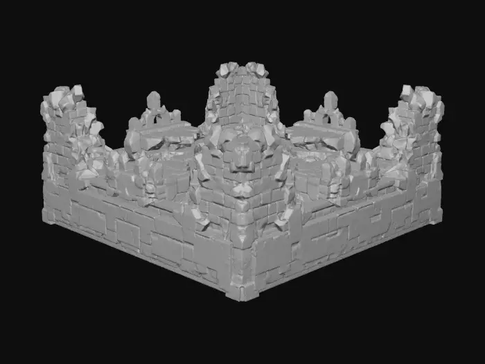 3D model for Design a 3D-printable modular dungeon floor tile set intended for a 1-inch grid Dungeons & Dragons battle map, depicting the interior of an ancient subterranean ruin. Each tile should be square and seamlessly tileable, with crisp grid alignment subtly integrated into the sculpt so it remains playable without visually overpowering the environment. The stonework should feature an intricate, repeating geometric pattern reminiscent of a long-lost civilization—interlocking runes, worn sigils, and layered masonry—partially eroded by centuries underground. Surfaces should show varied wear: cracked flagstones, chipped edges, uneven settling, and hairline fractures spreading across tiles to imply structural age and neglect.