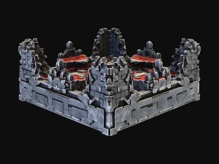 3D model for Design a 3D-printable modular dungeon floor tile set intended for a 1-inch grid Dungeons & Dragons battle map, depicting the interior of an ancient subterranean ruin. Each tile should be square and seamlessly tileable, with crisp grid alignment subtly integrated into the sculpt so it remains playable without visually overpowering the environment. The stonework should feature an intricate, repeating geometric pattern reminiscent of a long-lost civilization—interlocking runes, worn sigils, and layered masonry—partially eroded by centuries underground. Surfaces should show varied wear: cracked flagstones, chipped edges, uneven settling, and hairline fractures spreading across tiles to imply structural age and neglect.