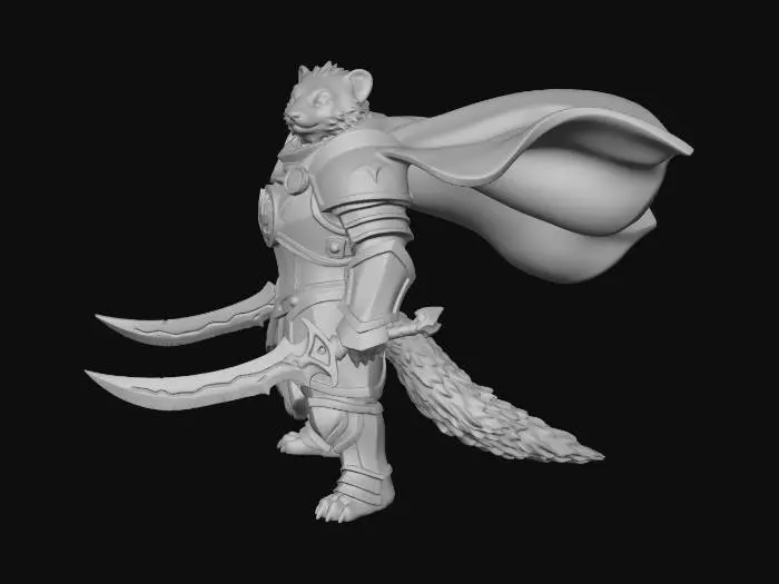 3D model for Anthropomorphic heroic White Ferret in golden whites and dark brown furs, Paladin in heavy Knights Armor with the sigil of a 7 clawed badger hand on the chest in silver and obsidian against his heavy dark steel armor.  A cape/cloak of viridian green billows behind the great warrior and he wields a pair of curved jagged sword blades on the battlefield.