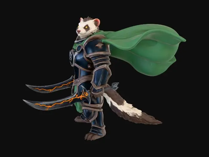 3D model for Anthropomorphic heroic White Ferret in golden whites and dark brown furs, Paladin in heavy Knights Armor with the sigil of a 7 clawed badger hand on the chest in silver and obsidian against his heavy dark steel armor.  A cape/cloak of viridian green billows behind the great warrior and he wields a pair of curved jagged sword blades on the battlefield.