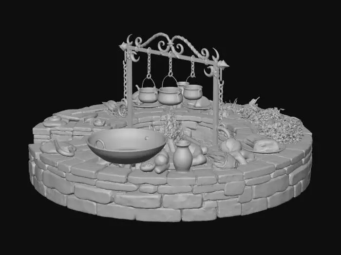 3D model for a great firepit built of stone with hand forged cooking pots, a massive wok, and cutting stones/water pots/and piled meats and vegetables in the fantasy kitchen/medieval style