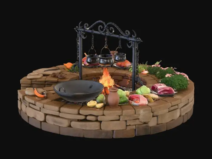 3D model for a great firepit built of stone with hand forged cooking pots, a massive wok, and cutting stones/water pots/and piled meats and vegetables in the fantasy kitchen/medieval style