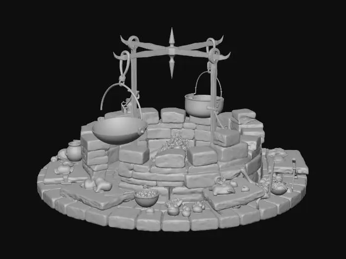3D model for a great firepit built of stone with hand forged cooking pots, a massive wok, and cutting stones/water pots/and piled meats and vegetables in the fantasy kitchen/medieval style