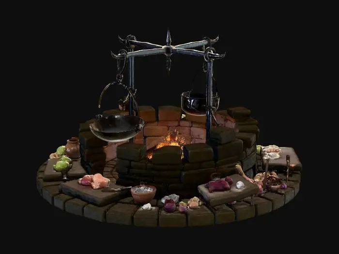 3D model for a great firepit built of stone with hand forged cooking pots, a massive wok, and cutting stones/water pots/and piled meats and vegetables in the fantasy kitchen/medieval style