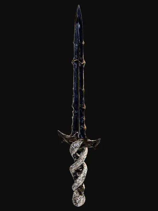 3D model for a careful twist of mithril and obsidian form the two snakes intertwining to form the great handle of the bastard sword known as "Mana Bain", the pair wrap up and around each other until their opposing heads form the pommel of the sword its blade, of chipped and cut obsidian crystal rises four feet straight and sharp out from the protective hilt. a sword for a king, or a prince. The light catching on the cut stone.