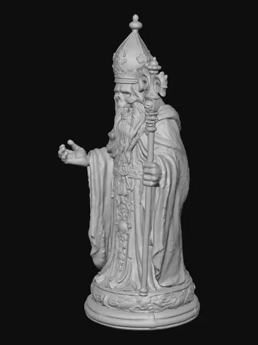3D model for ornate chess piece, hand carved, a bishop appearing to be an undead priest, with the souls of the dead calling out and screaming from within its overly rich robes