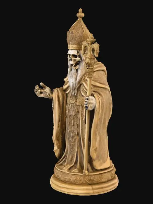 3D model for ornate chess piece, hand carved, a bishop appearing to be an undead priest, with the souls of the dead calling out and screaming from within its overly rich robes