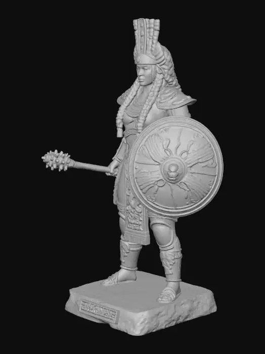 3D model for in the style of sculptures of stone/marble depict a goddess warrior with shield and club in the Babylonian style - worked in the metals of bronze and copper and showing braided hair wrapped in silken chords