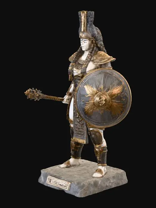 3D model for in the style of sculptures of stone/marble depict a goddess warrior with shield and club in the Babylonian style - worked in the metals of bronze and copper and showing braided hair wrapped in silken chords