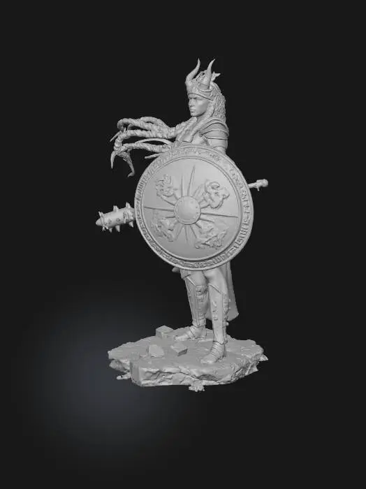 3D model for in the style of sculptures of stone/marble depict a goddess warrior with shield and club in the Babylonian style - worked in the metals of bronze and copper and showing braided hair wrapped in silken chords