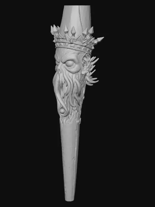 3D model for hand carved eldritch wand, 16 inches with eyes and tentacles worked and carved into the entire length, but starting at a one eyed "head" with a spiked crown jutting from the end of the pommel.  The eyes seem alive and to glow.