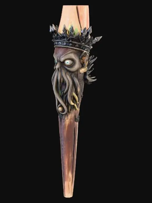 3D model for hand carved eldritch wand, 16 inches with eyes and tentacles worked and carved into the entire length, but starting at a one eyed "head" with a spiked crown jutting from the end of the pommel.  The eyes seem alive and to glow.